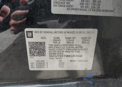 2021 Chevrolet Silverado 1500 4Wd Short Bed Rst из США, поврежденный, VIN 3GCUYEET3MG257648